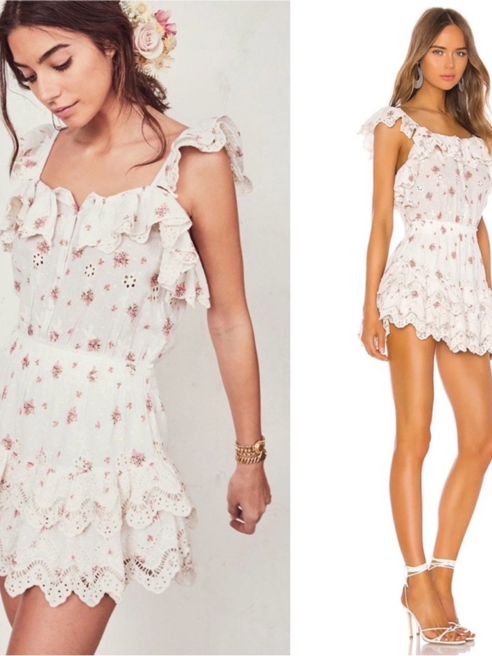 LoveShackFancy White Mini Dress with Pink Floral Eyelet Ruffles